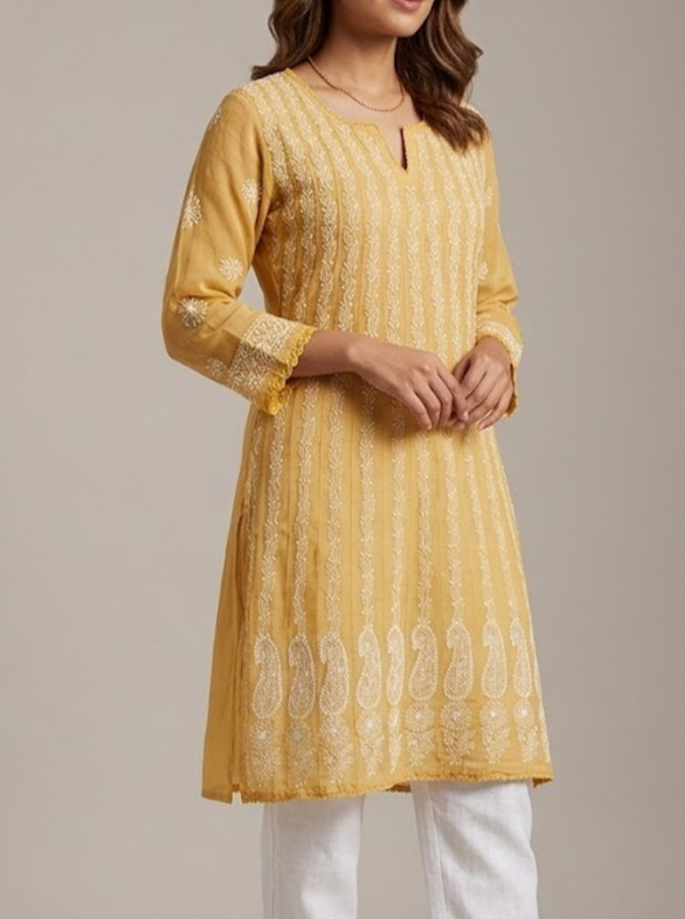 Vintage Lucknow Chikankari Hand Embroidered Cotton Tunic Kurti Yellow Dress M 40